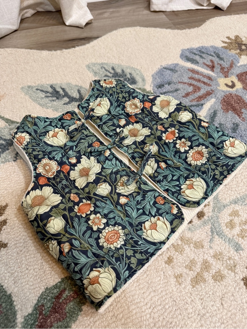 Floral Reversible Quilted Kids Vest - Green & Cream